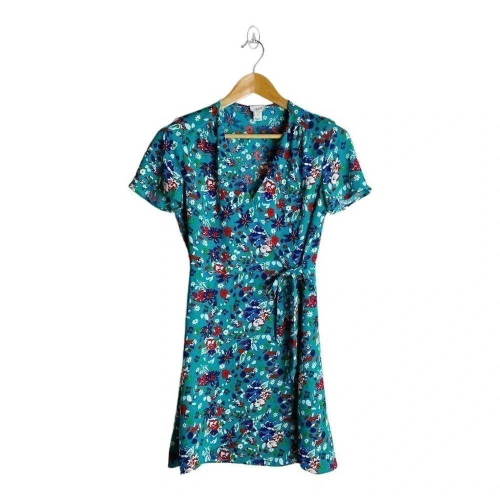 🍀J Crew Teal Floral Flutter Sleeve Wrap Dress Women’s Size 4